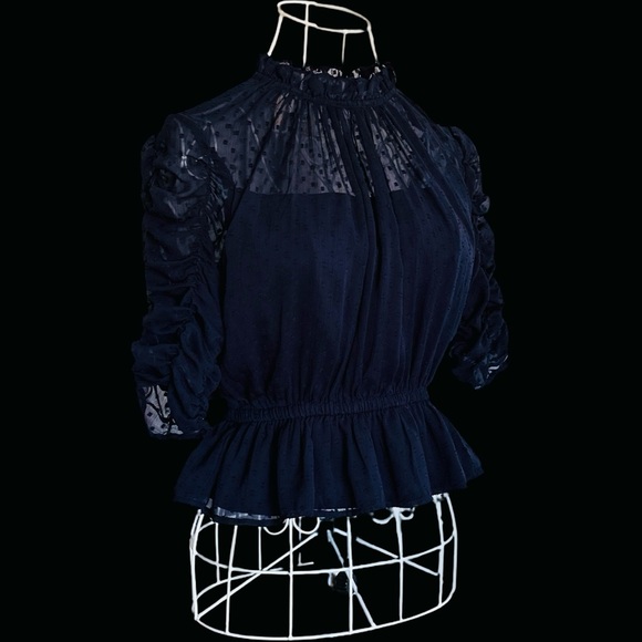 NWOT Express Brand Navy Blue Peplum Blouse, XS with Keyhole Neck Button Closure - Picture 1 of 6